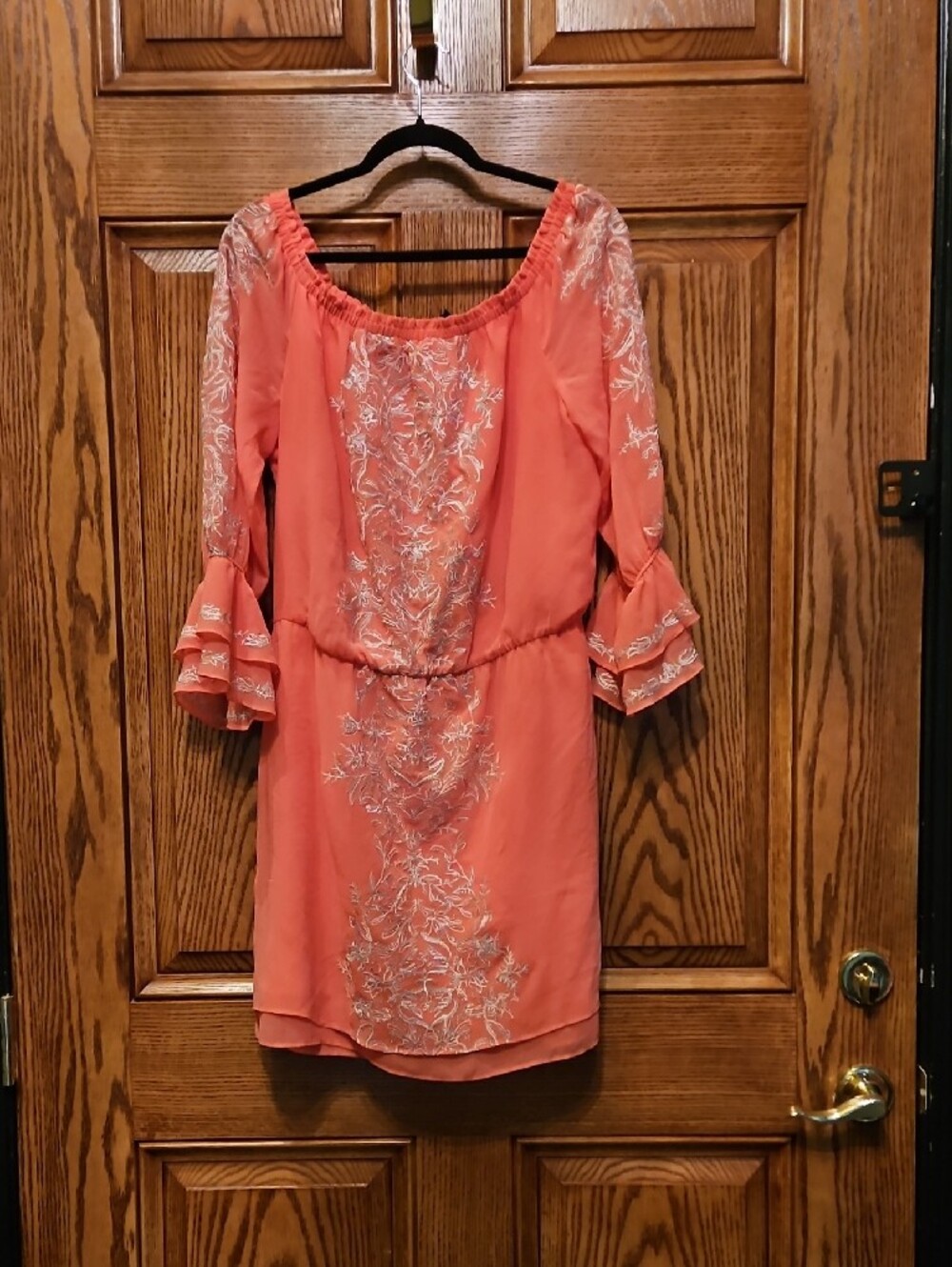 White House Black Market Coral Midi Dress with Silver Embroidery